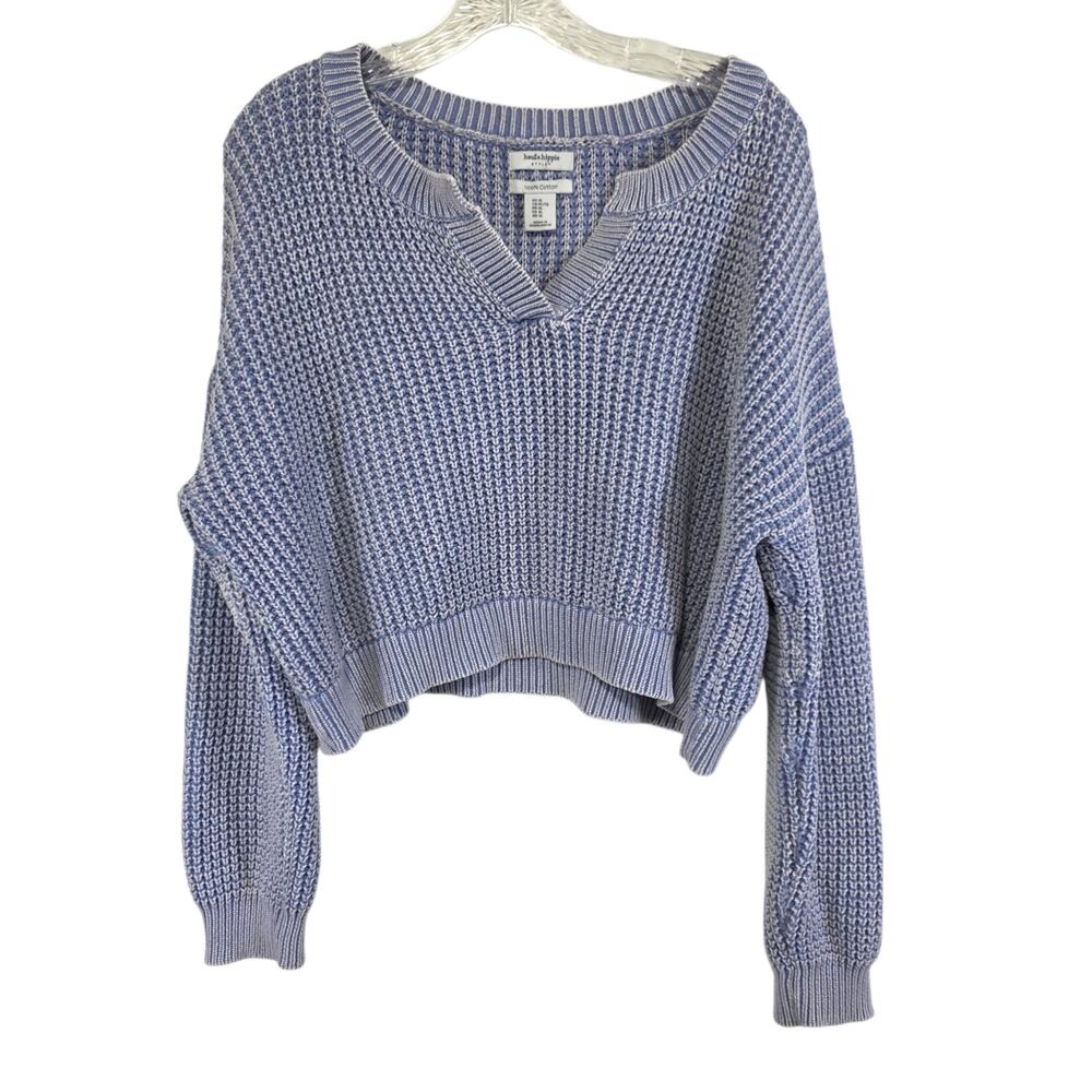 HAUTE HIPPIE Cotton Cropped Boxy Ribbed Sweater Boho Beachy Relaxed Fit Blue XL
